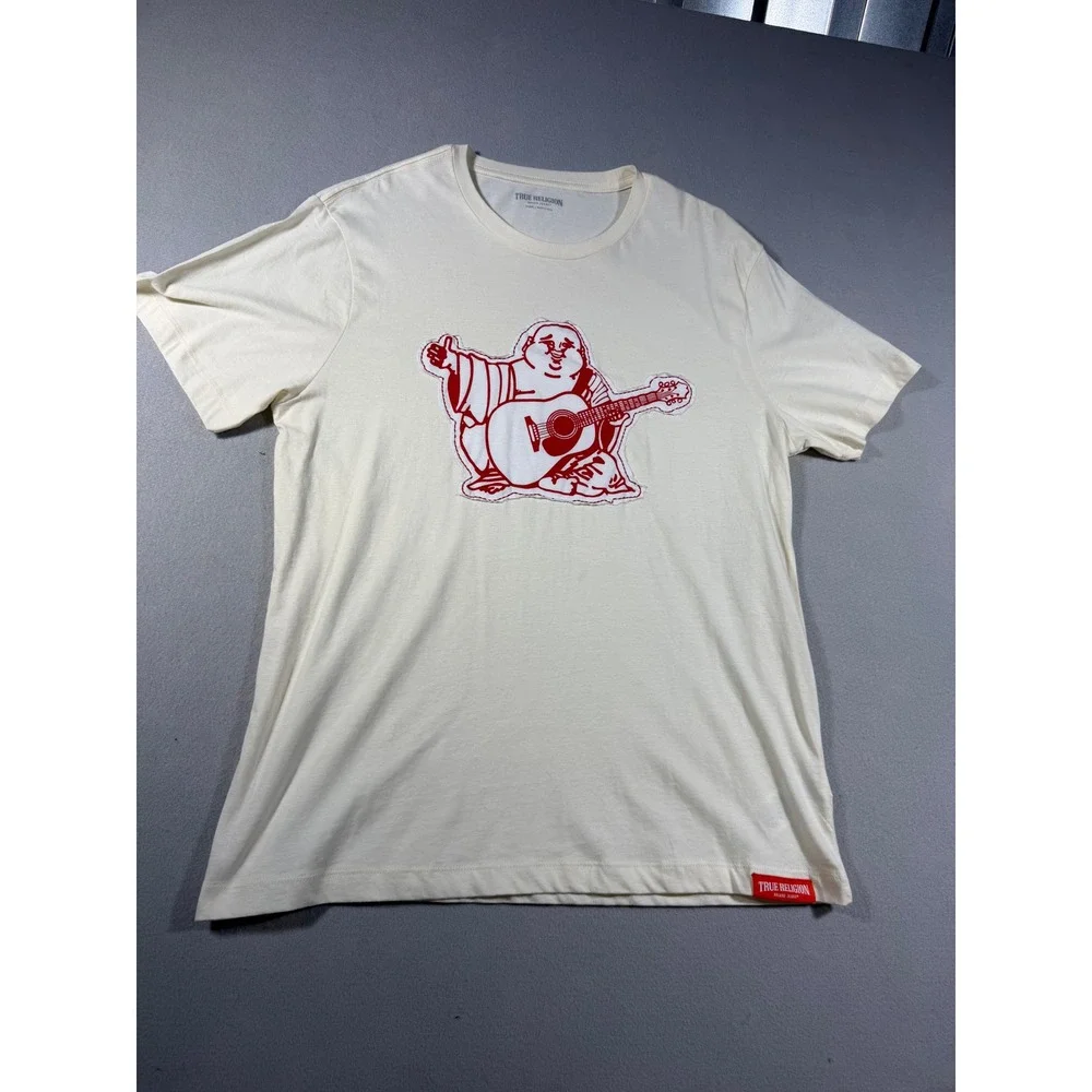 True Religion Mens XL Buddha Guitar Graphic T-Shirt Cream Red Short Sleeve Tee